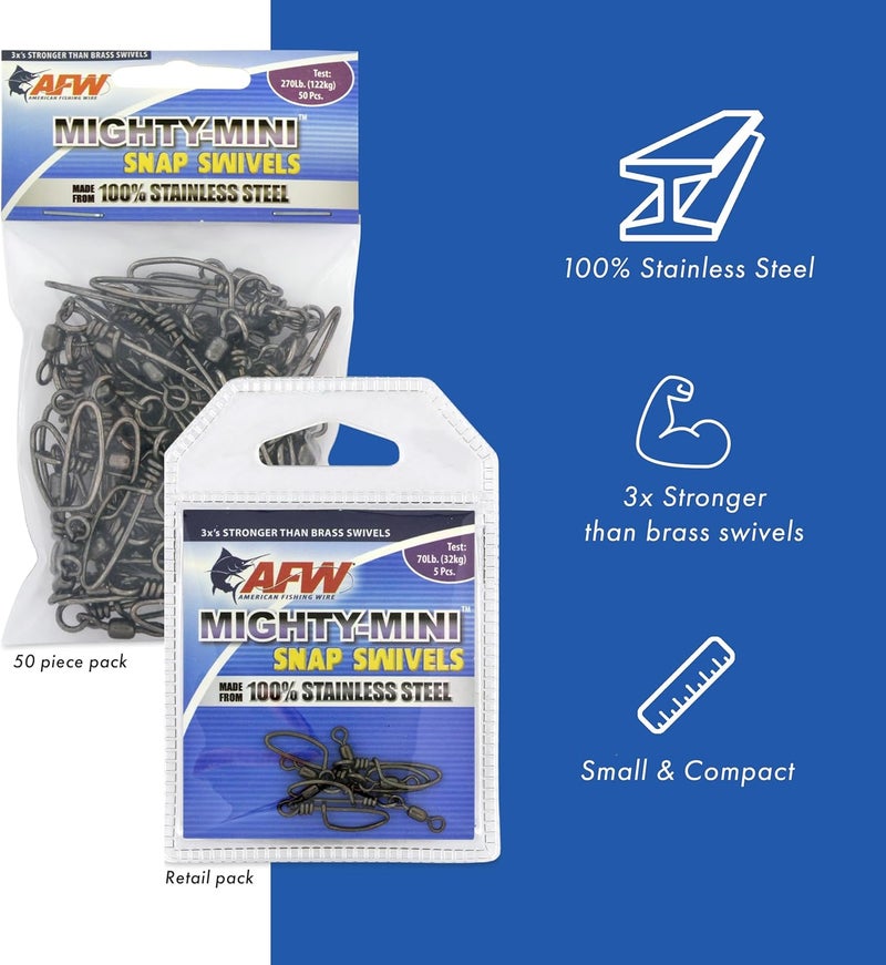 AFW American Fishing Wire Mighty Mini Snap Crane Swivels - 100% Stainless Steel, 3X Stronger Than Brass, Up to 600lb Test - Essential Fishing Gear for Every Tackle Box - Ideal for Any Fishing Line Leader - Image 2